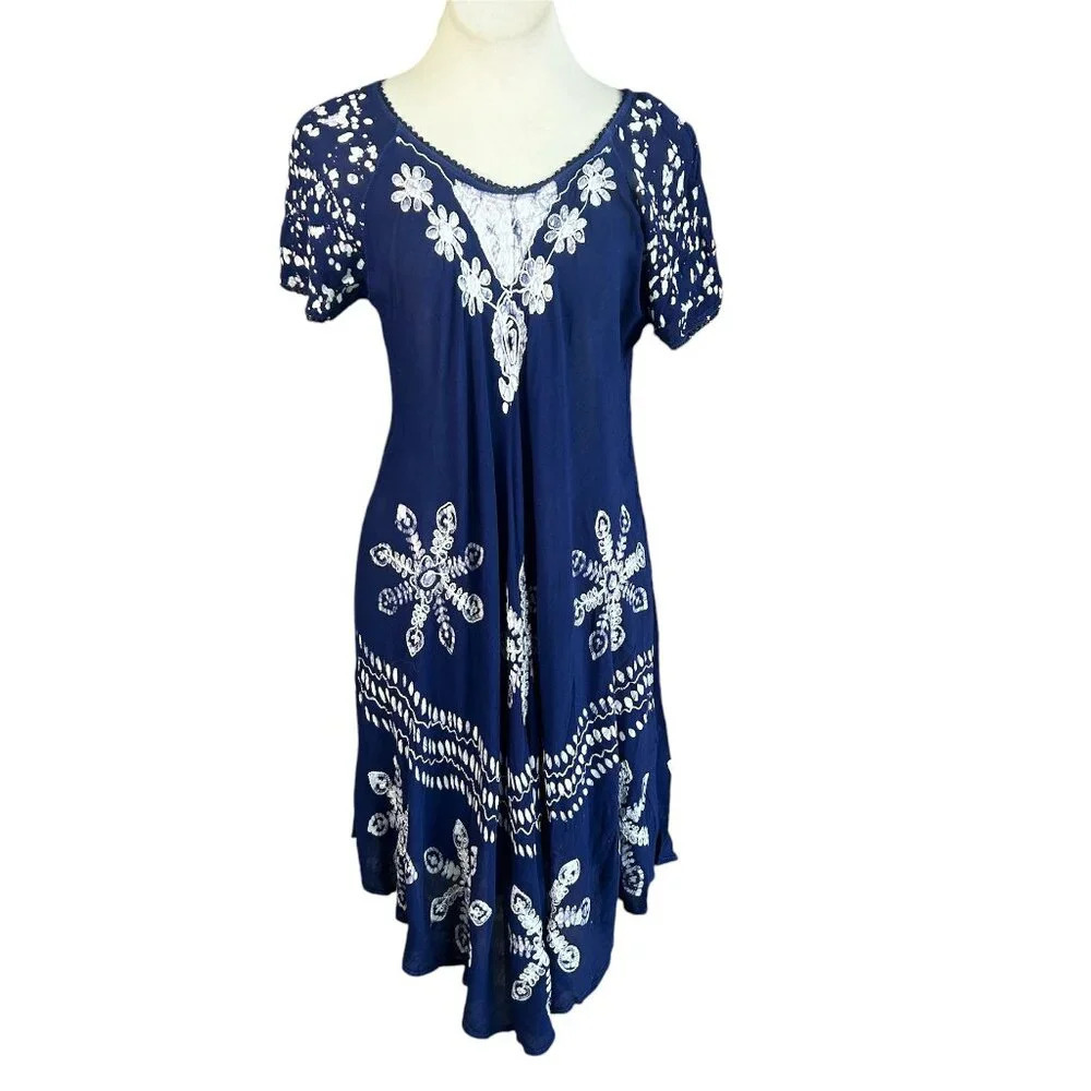 SR Fashion Navy Blue White Embroidered Asymmetrical Hem Casual Resort Dress